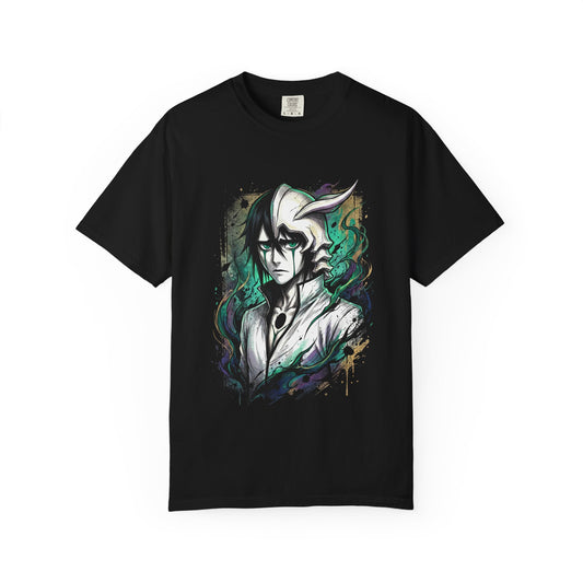 Messy Black Hair Arrancar Fan Art – Green Eyes Teal Lines Melancholic Design Premium T-Shirt