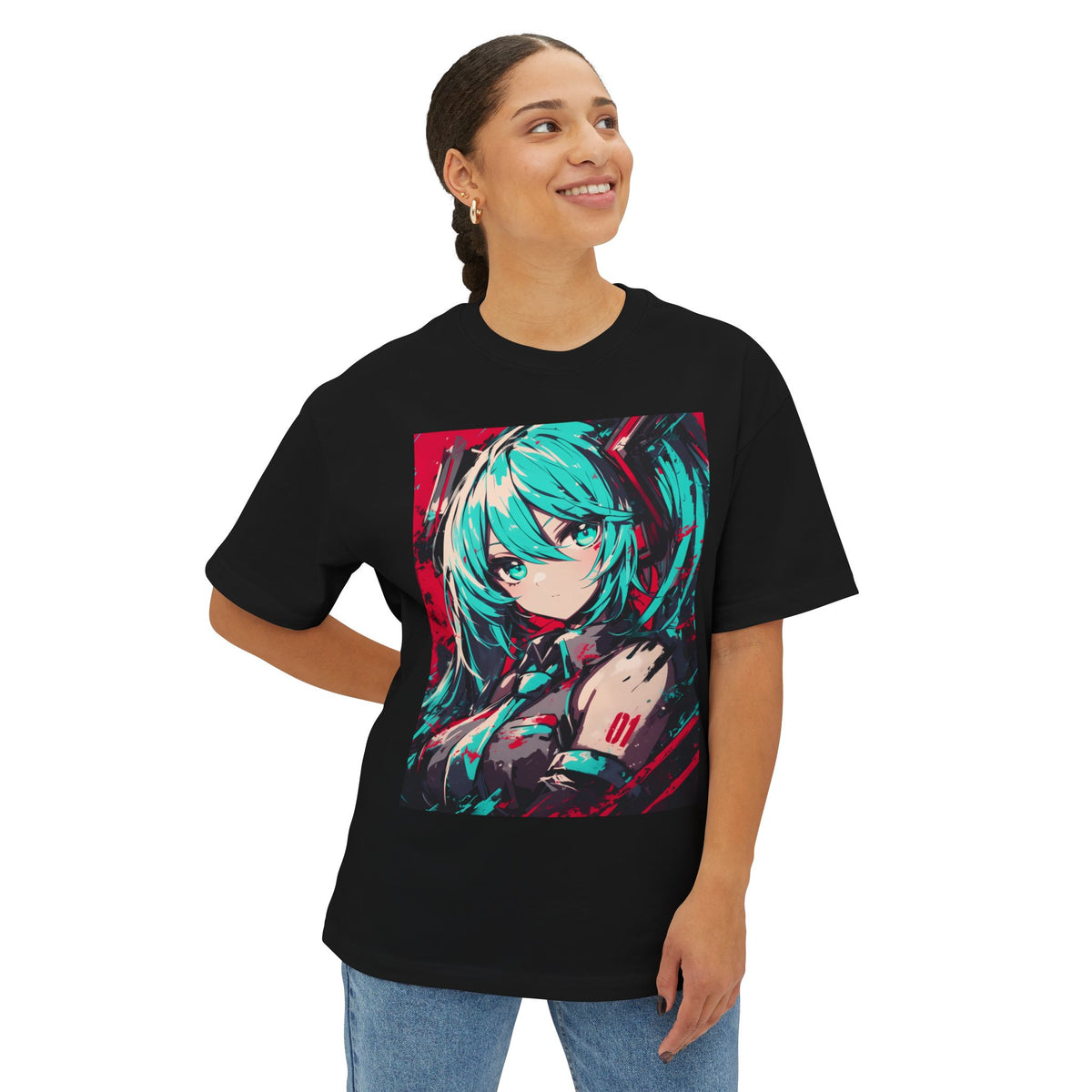 Hatsune Miku Teal Twin Tails Red Brushstroke Portrait Oversized T-Shirt