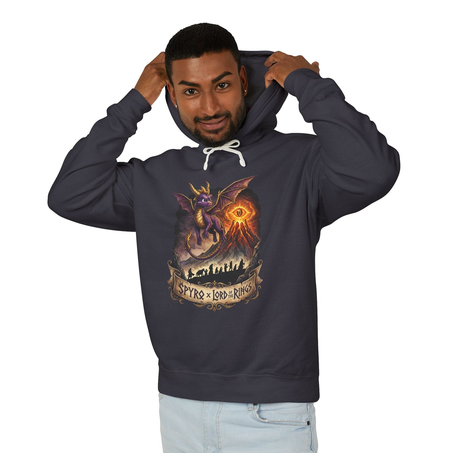 Lord of the Rings Spyro Mashup – Gliding Dragon Over Mordor Epic Art Unisex Premium Hoodie