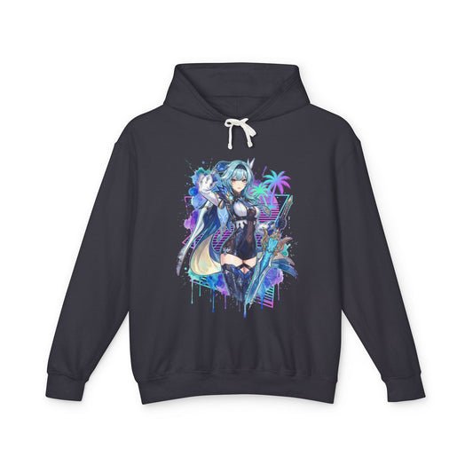 Genshin Impact Eula Vaporwave Neon Grid Japanese Text Portrait Unisex Premium Hoodie