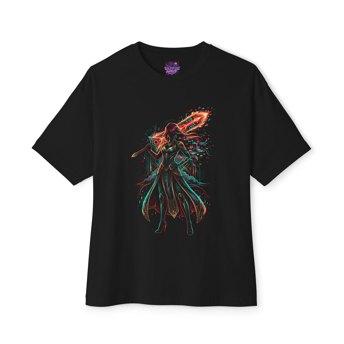Neon Swordmaiden Glowing Greatsword Circuit Line Art Oversized T-Shirt