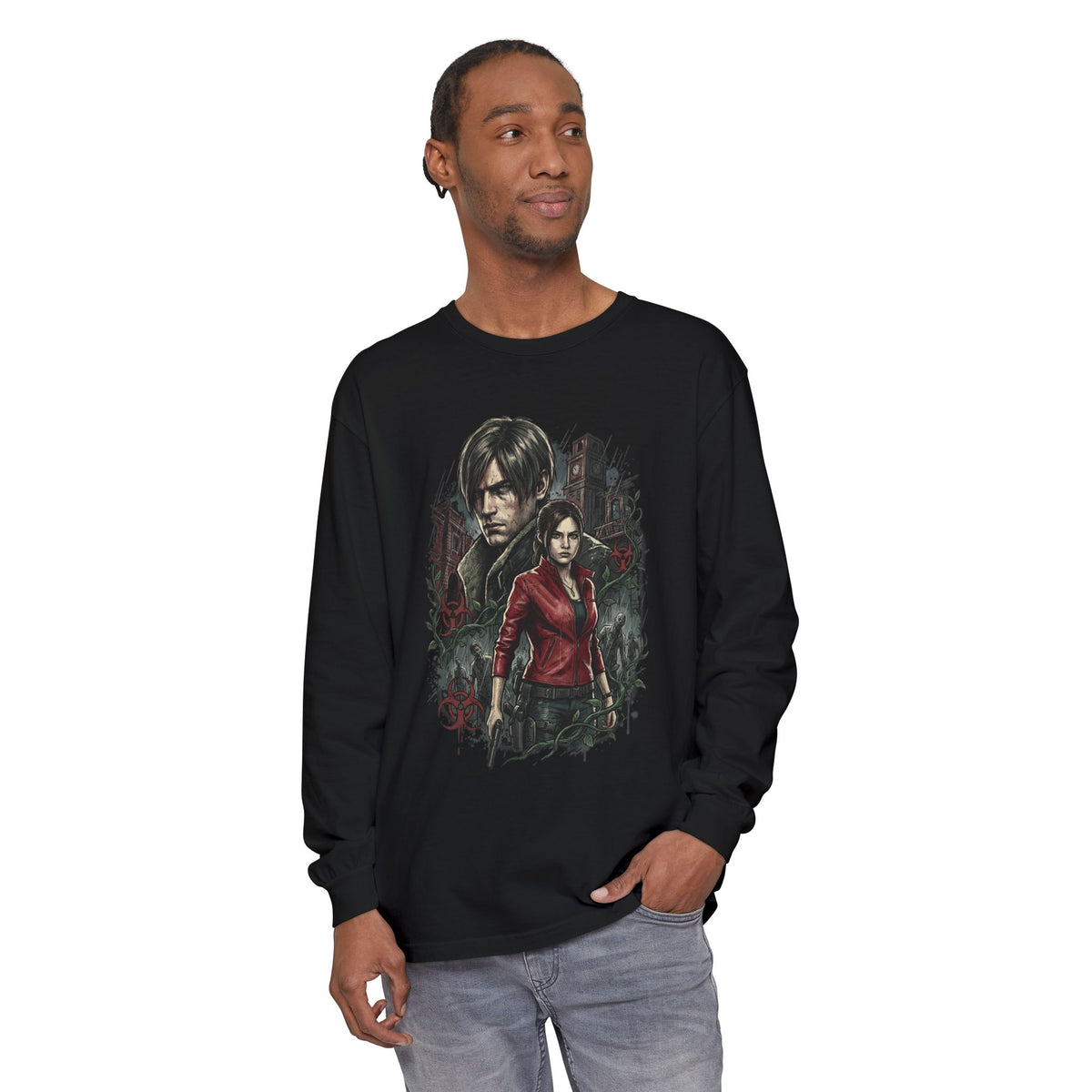 Resident Evil 2 Leon Kennedy and Claire Raccoon City Biohazard Long Sleeve Tee