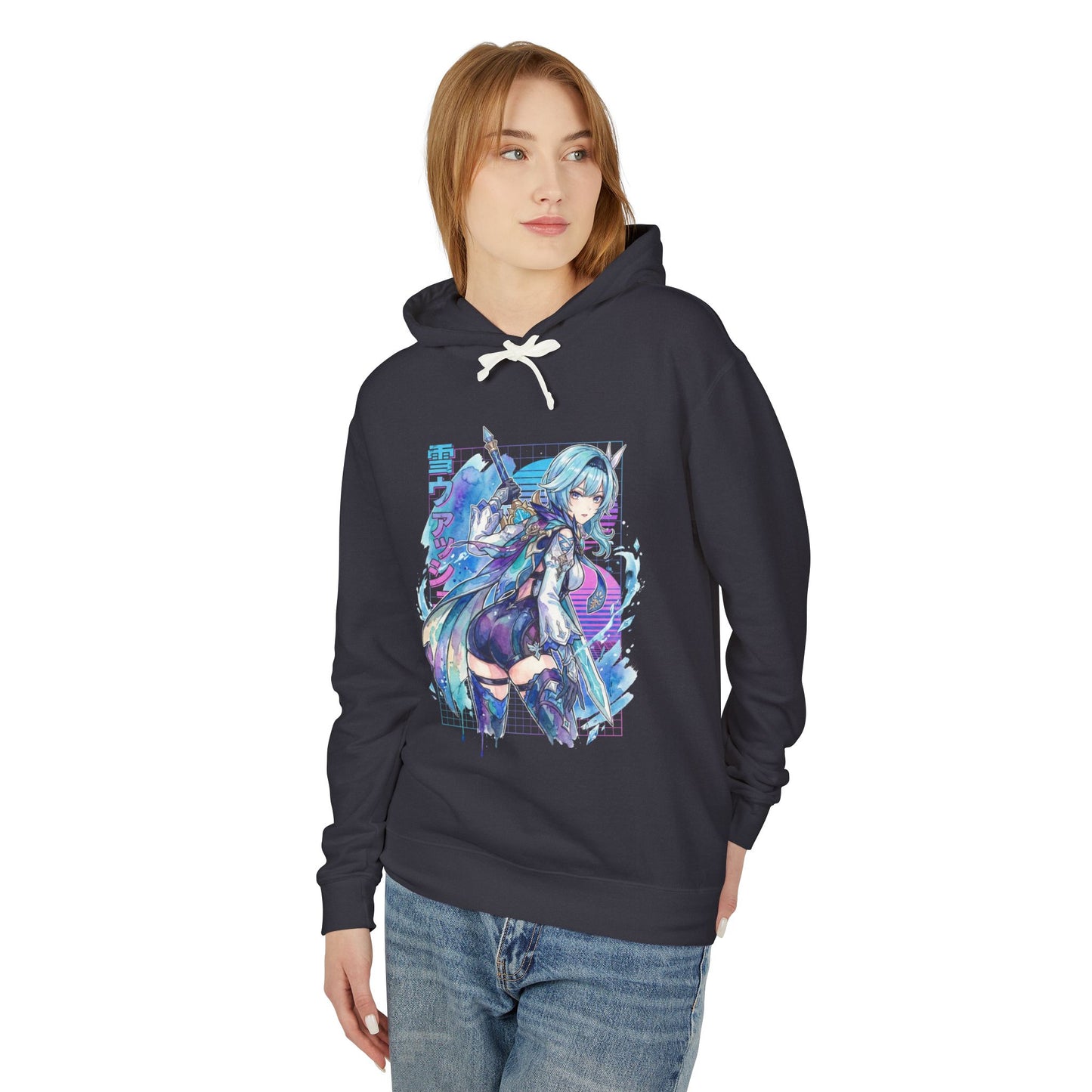 Genshin Impact Eula Vaporwave Neon Japanese Text Overlay Design Unisex Premium Hoodie