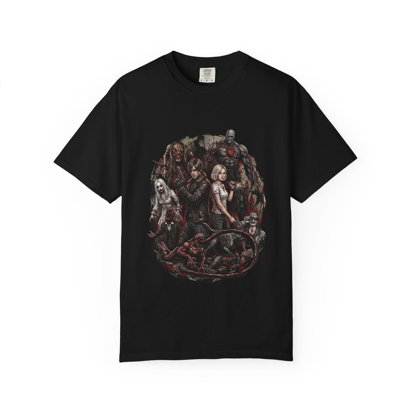 RE9 Grace and Leon Facing Eldritch Threats Zombie Horde Grunge Portrait Premium T-Shirt
