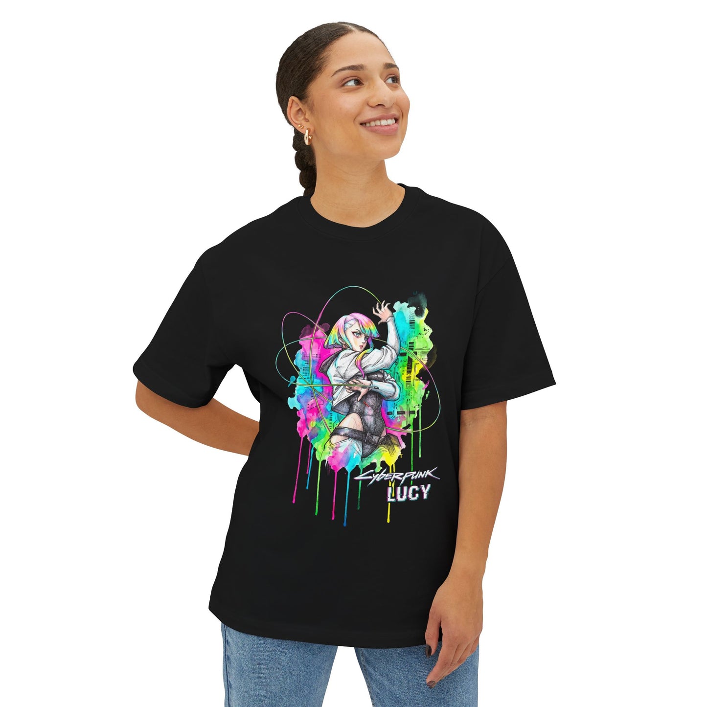 Cyberpunk Edgerunners Lucy Short White Hair Glowing Eyes Icon Premium Oversized Unisex T-Shirt