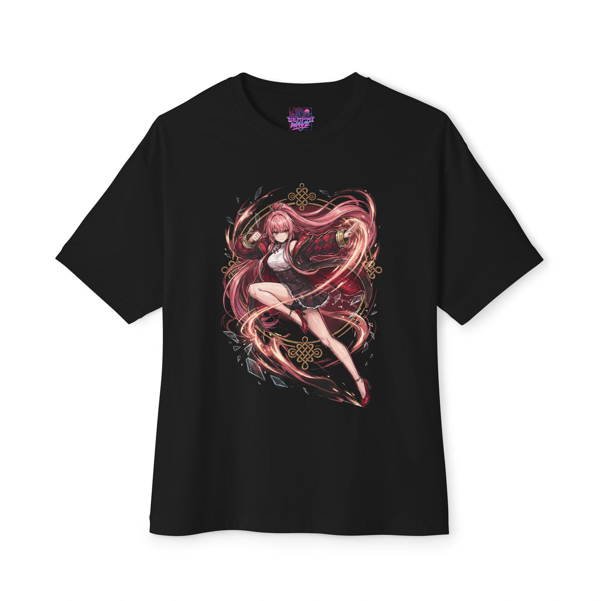 Chaos Zero Nightmare Mei Lin Flying Kick Pink Ribbons Fan Art Oversized T-Shirt