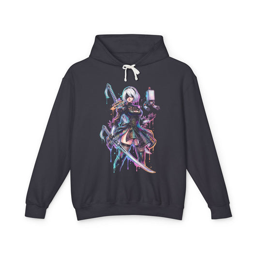 NieR Automata 2B Vaporwave Neon Japanese Text Overlay Design Unisex Premium Hoodie