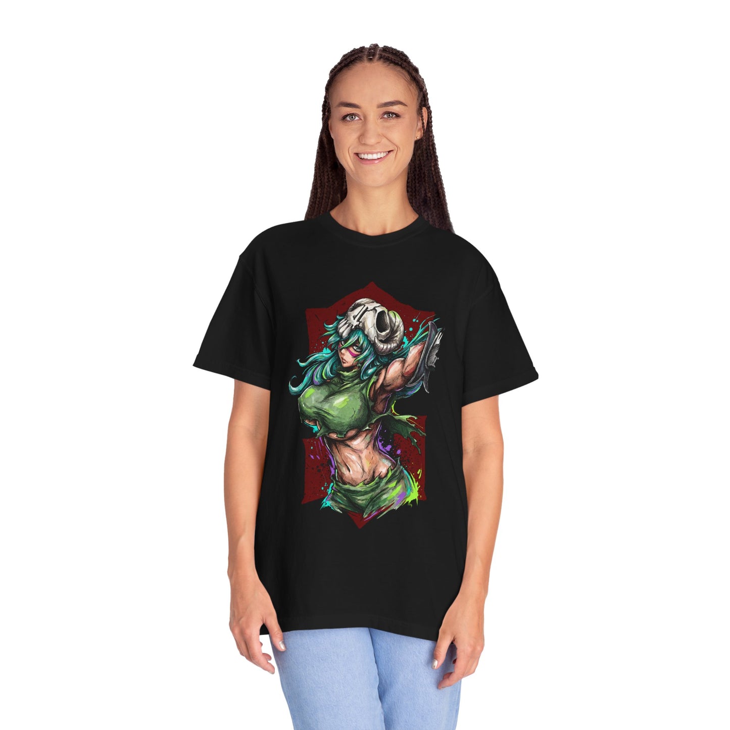 Green Hair Arrancar Warrior Fan Art – Hazel Eyes Scarred Face Design Premium T-Shirt