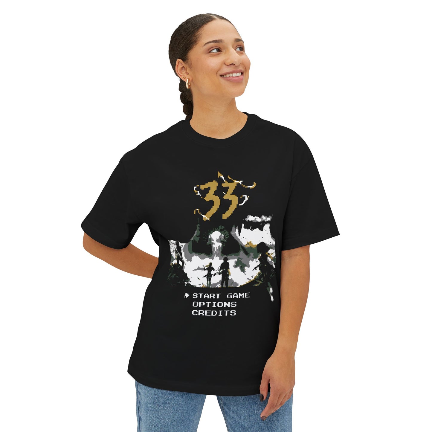 8-bit Retro Clair Obscur Expedition 33: Streetwear Red Petal Gommage facing The Paintress Premium Oversized Unisex T-Shirt