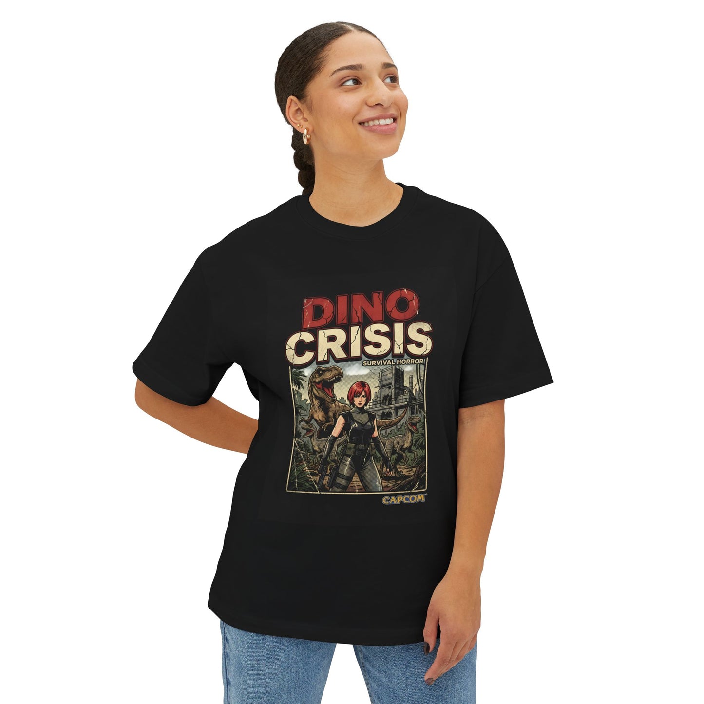 Dino Crisis 1999 Cover Art Velociraptor Claw Bloody Foot Portrait Premium Oversized Unisex T-Shirt