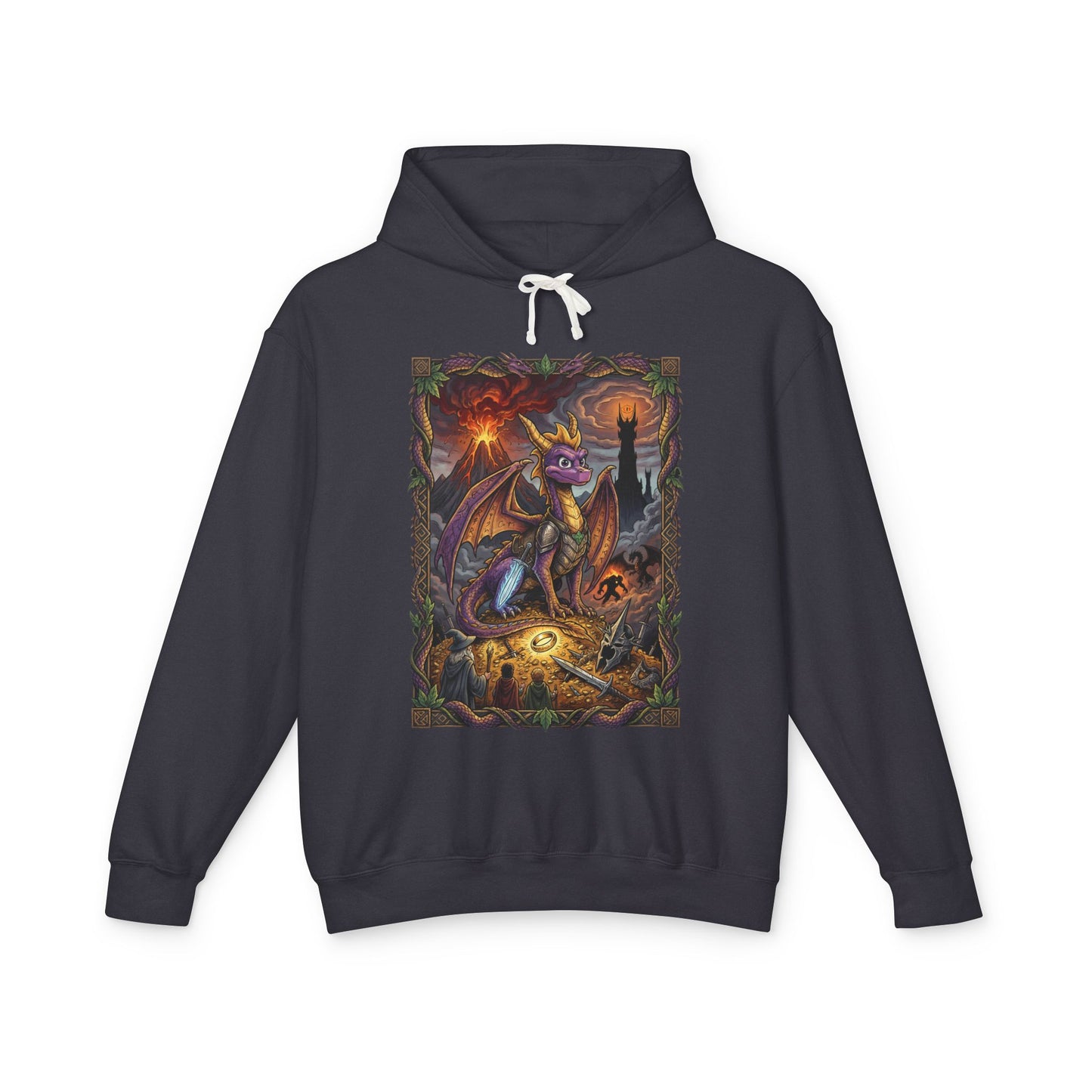 LOTR x Spyro Crossover Fan Art – Purple Dragon in Middle-earth Quest Design Unisex Premium Hoodie