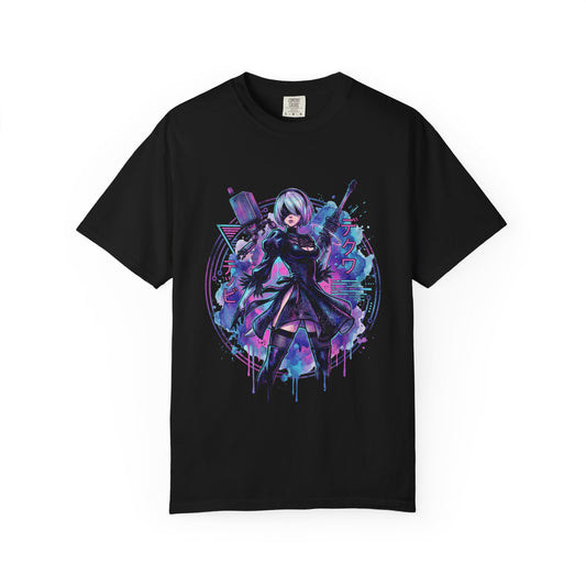 NieR Automata 2B Vaporwave Glitch Palm Sunset Neon Grid Art Premium T-Shirt