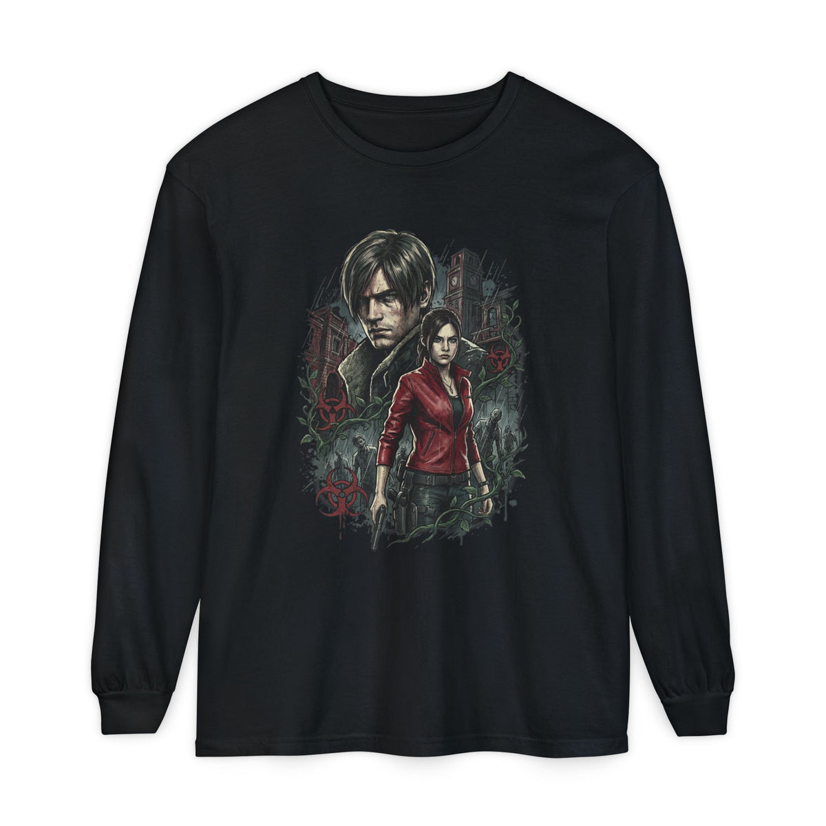 Resident Evil 2 Leon Kennedy and Claire Raccoon City Biohazard Long Sleeve Tee