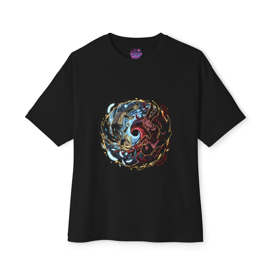 Gravity Rush Cosmic Duel two cosmic rivals Gaming Graphic Oversized Tee | Golden Ring