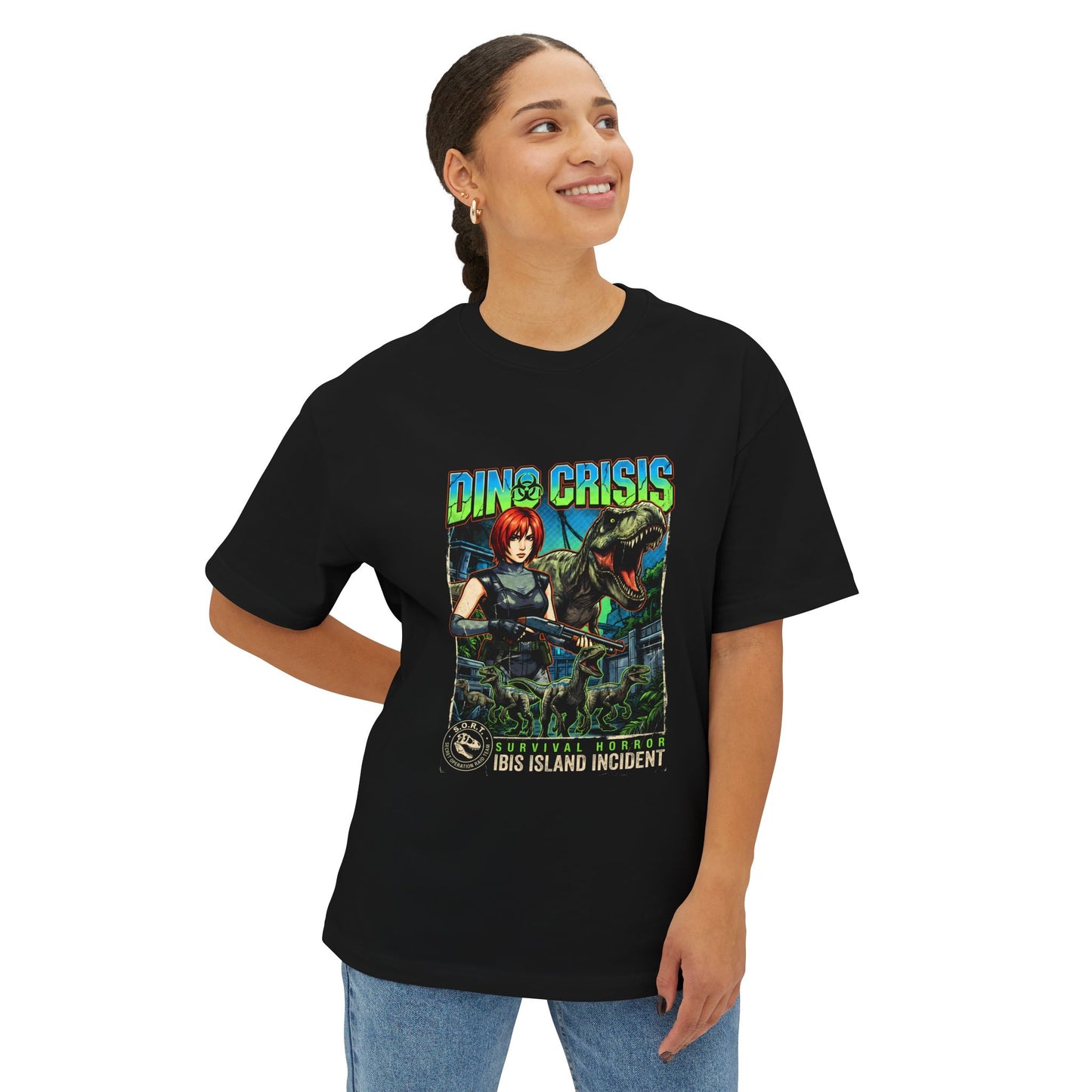 Dino Crisis 1999 Cover Art Velociraptor Claw Bloody Foot Portrait Premium Oversized Unisex T-Shirt