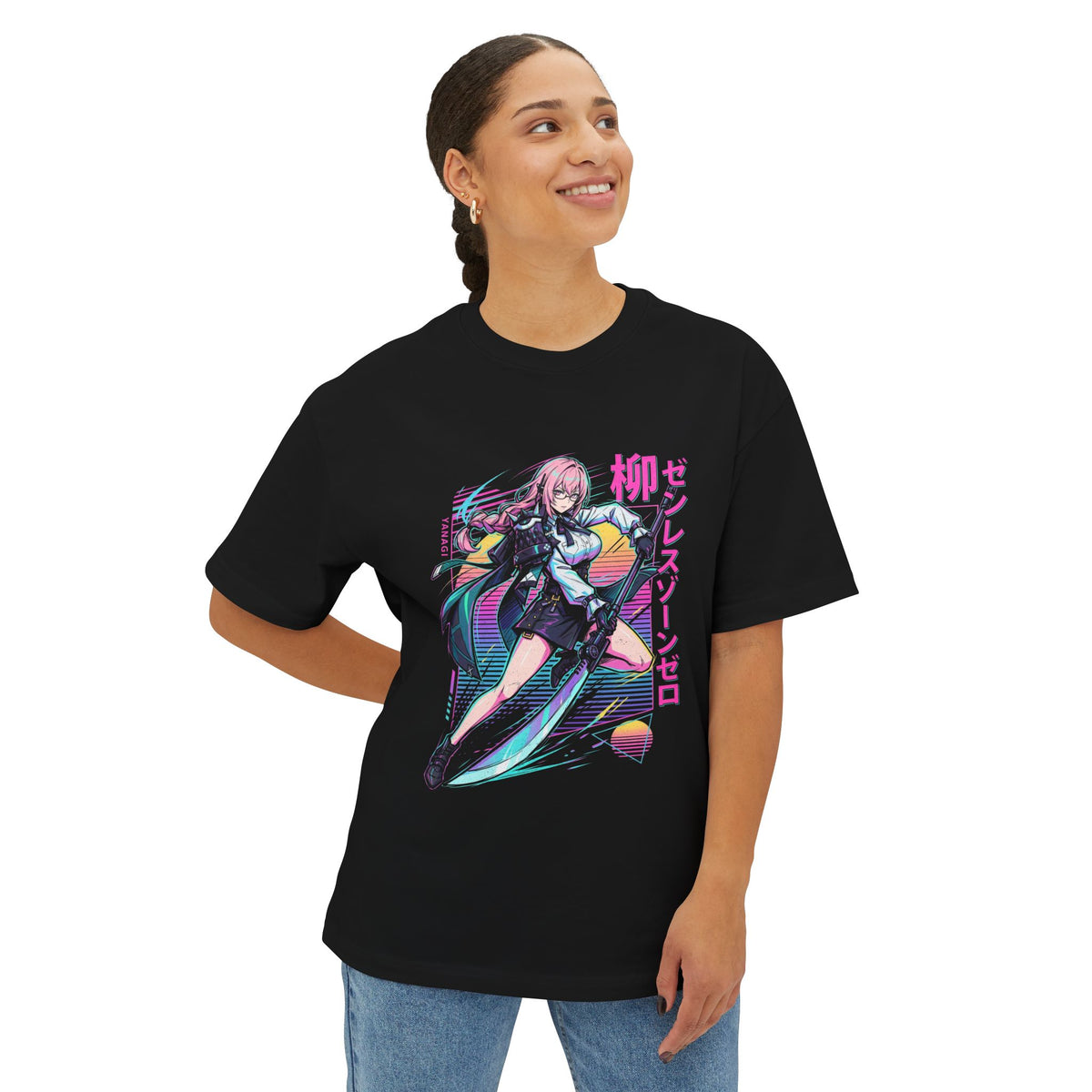 Zenless Zone Zero Yanagi Synthwave Sun Kanji Fan Art Oversized T-Shirt