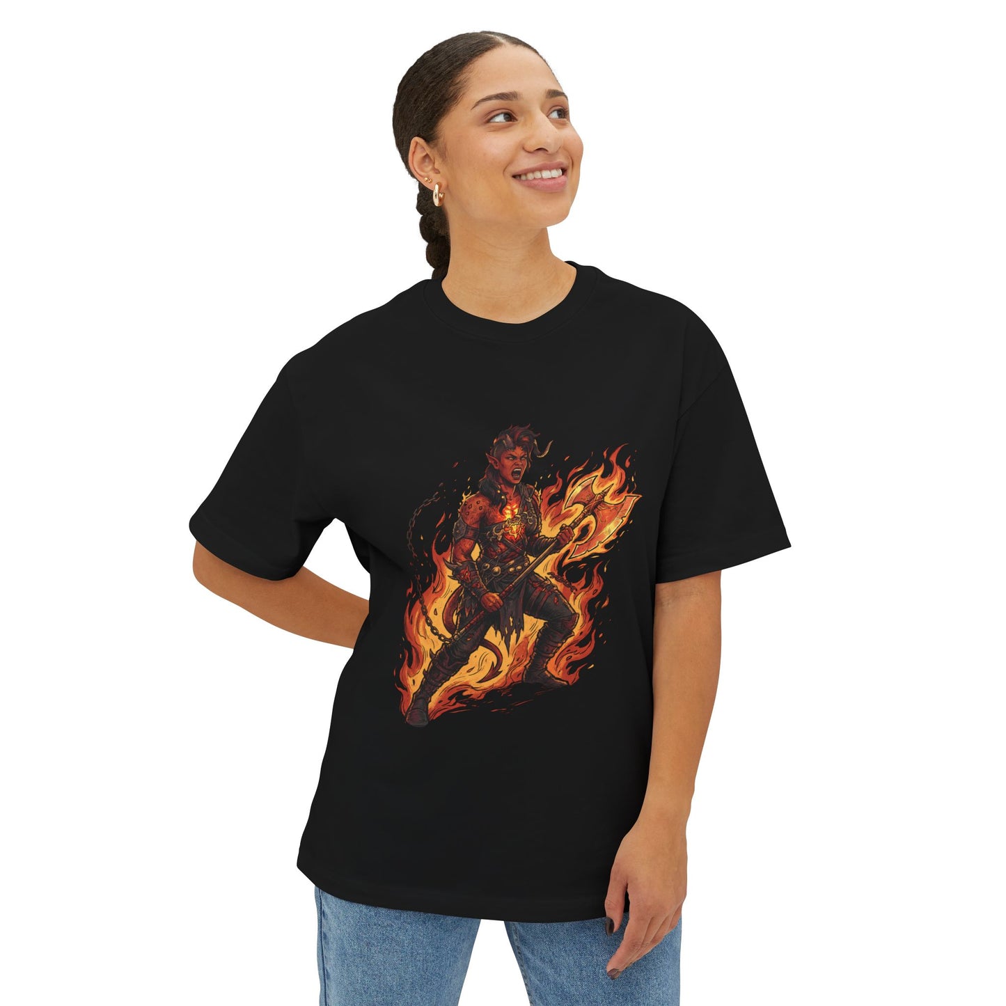 Karlach Baldur's Gate 3 80s Neon Tiefling Warrior Art Premium Oversized Unisex T-Shirt
