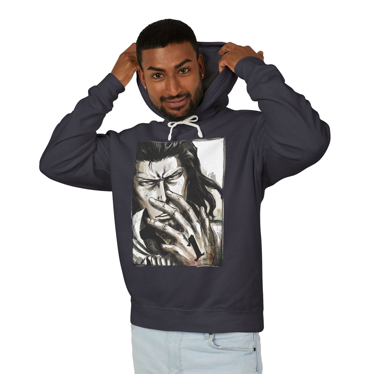 Starrk Dark Brown Hair Arrancar Fan Art – Blue-Gray Eyes Goatee Laid-Back Design Unisex Premium Hoodie