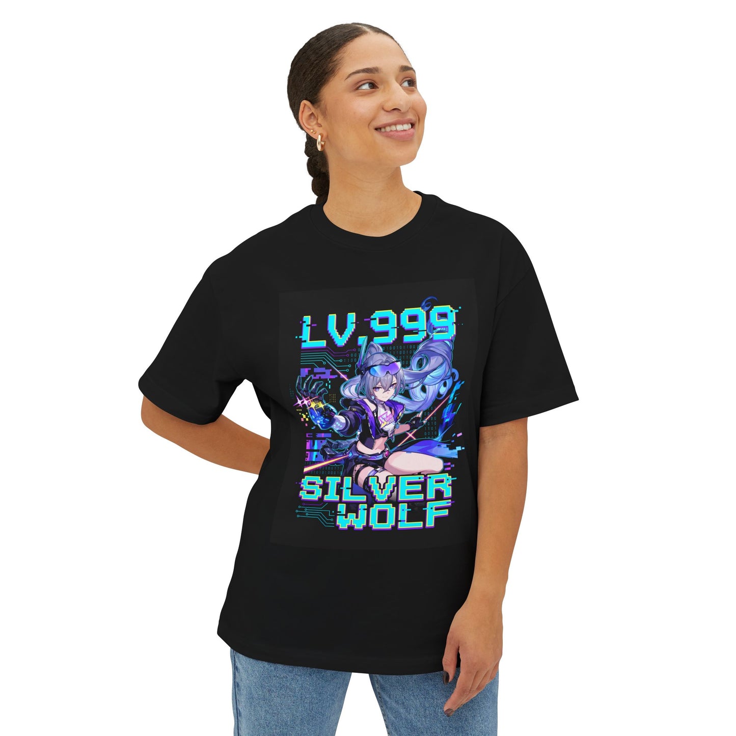 HSR Silver Wolf Lv.999: Neon Purple Glitch Queen Premium Oversized Unisex T-Shirt