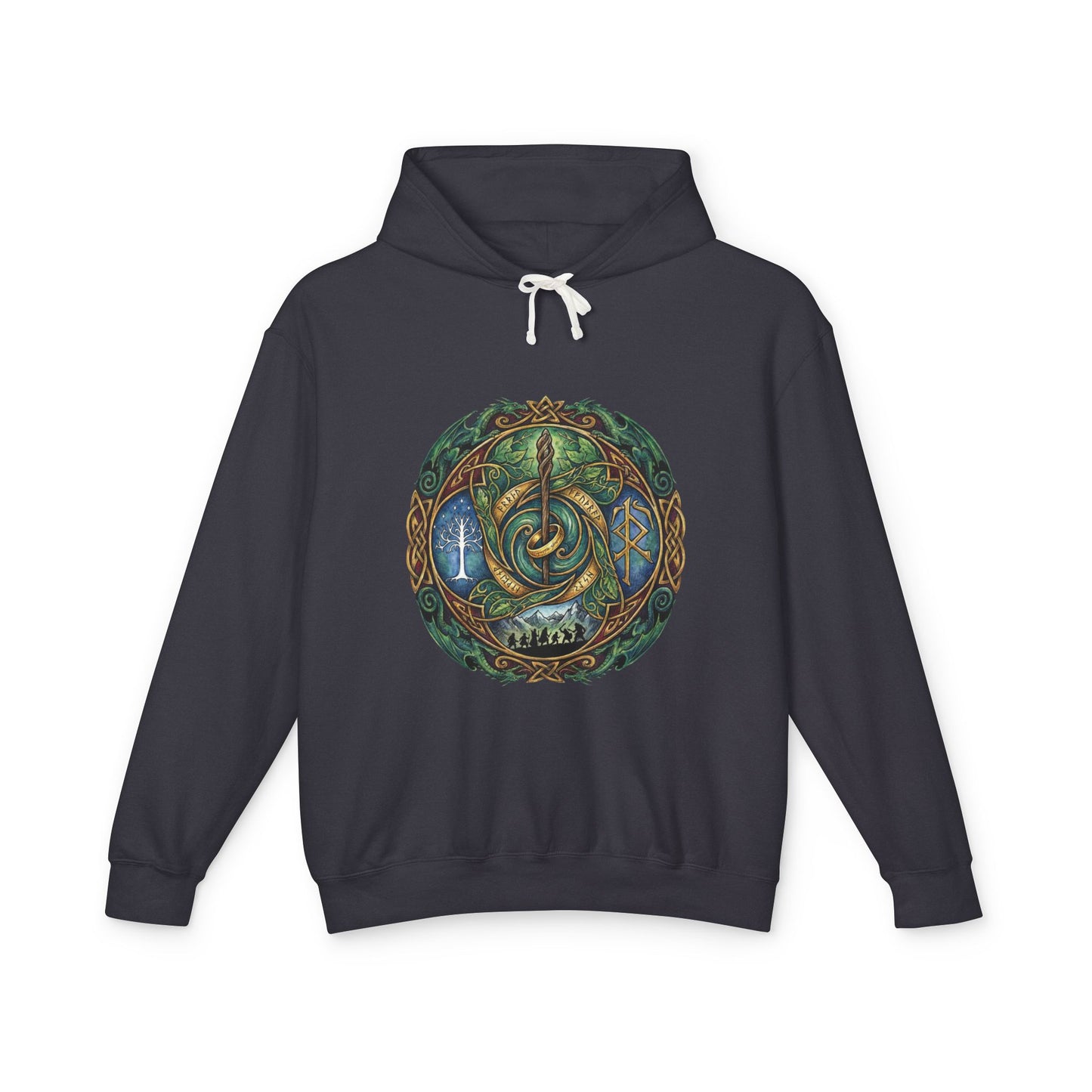 LOTR Elven Brooch Crest Fan Design – Green Leaf Silver Veins Emblem Unisex Premium Hoodie