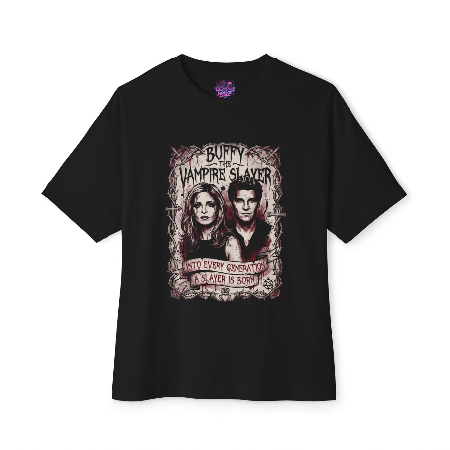 Angel Buffy Passionate Embrace – Star-Crossed Lovers Design Premium Oversized Unisex T-Shirt
