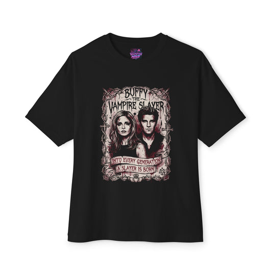 Angel Buffy Passionate Embrace – Star-Crossed Lovers Design Premium Oversized Unisex T-Shirt