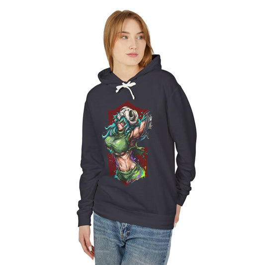 Green Hair Arrancar Warrior Fan Art – Hazel Eyes Scarred Face Design Unisex Premium Hoodie