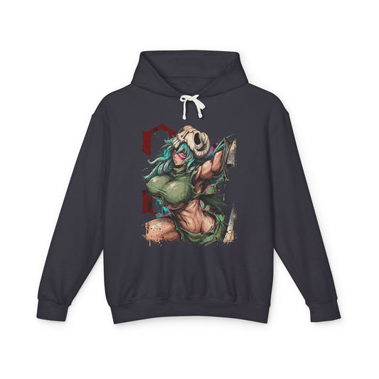 Green Hair Arrancar Warrior Fan Art – Hazel Eyes Scarred Face Design Unisex Premium Hoodie