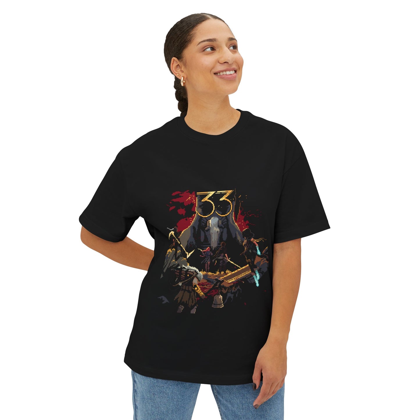 8-bit Retro Clair Obscur Expedition 33: Streetwear Red Petal Gommage facing The Paintress Premium Oversized Unisex T-Shirt