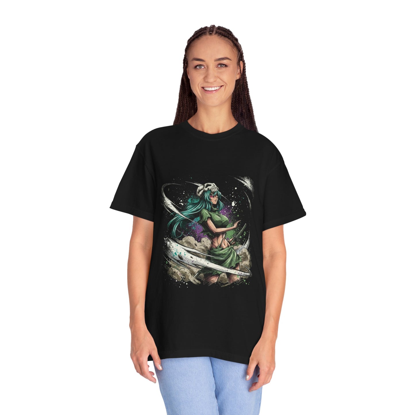 Green Hair Arrancar Warrior Fan Art – Hazel Eyes Scarred Face Design Premium T-Shirt