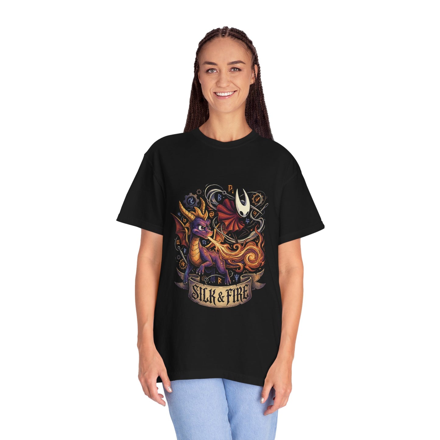 Spyro the Dragon and Hornet from Silksong Mischievous Hero – Wings Glide Fire Attack Pose Premium T-Shirt