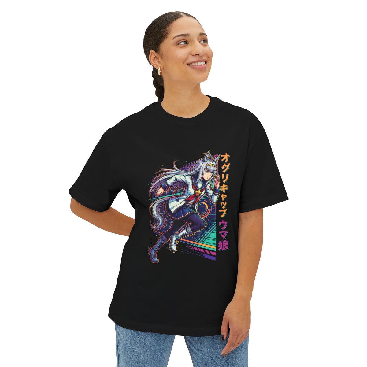 Umamusume Oguri Cap Synthwave Katakana Fan Art Oversized T-Shirt