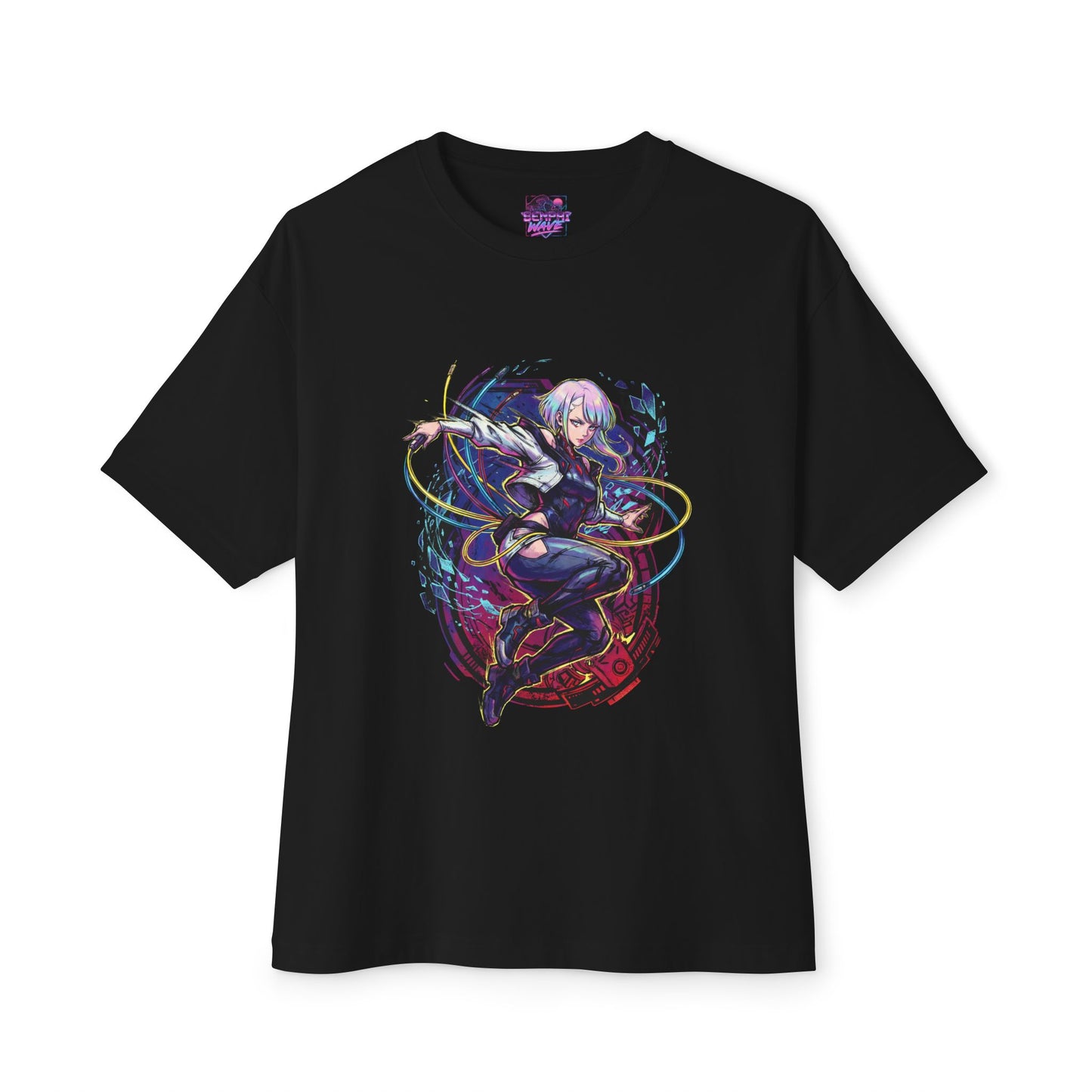 Lucy Cyberpunk White Hair Blue Ring Eyes Monowire Art Premium Oversized Unisex T-Shirt