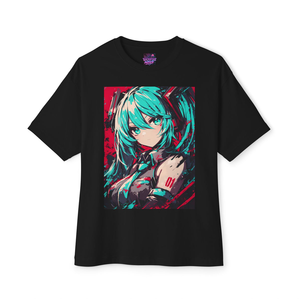 Hatsune Miku Teal Twin Tails Red Brushstroke Portrait Oversized T-Shirt