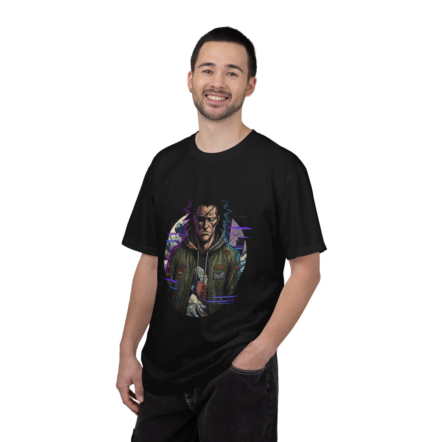 Spiky Black Hair Eyepatch Warrior Fan Art – Ragged Haori Berserker Design Premium T-Shirt