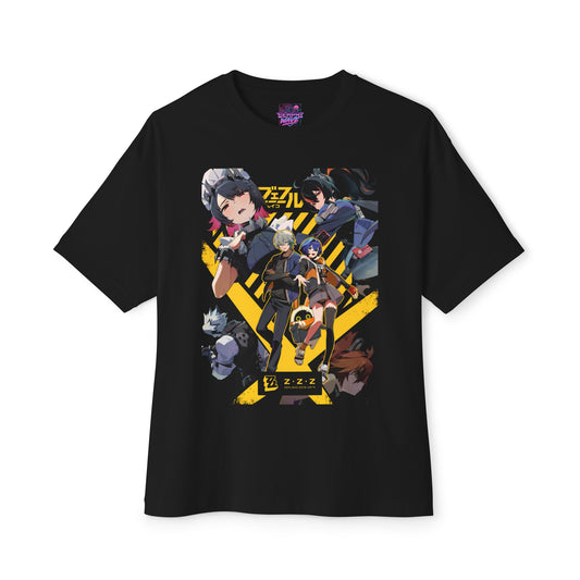 Zenless Zone Zero Cast Poster Yellow Caution Stripes Oversized T-Shirt
