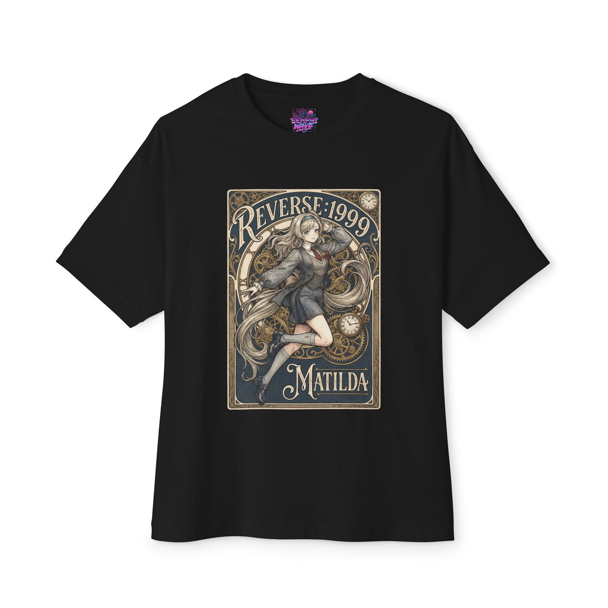 Reverse 1999 Matilda Art Nouveau Clock Card Fan Art Oversized T-Shirt
