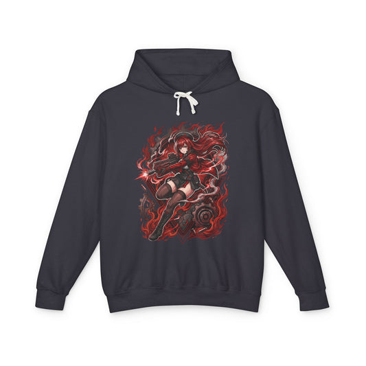 Nikke Rapi Red Jacket Flames and Gears Fan Art Hoodie