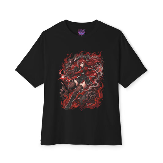 Nikke Rapi Red Jacket Flames and Gears Fan Art Oversized T-Shirt